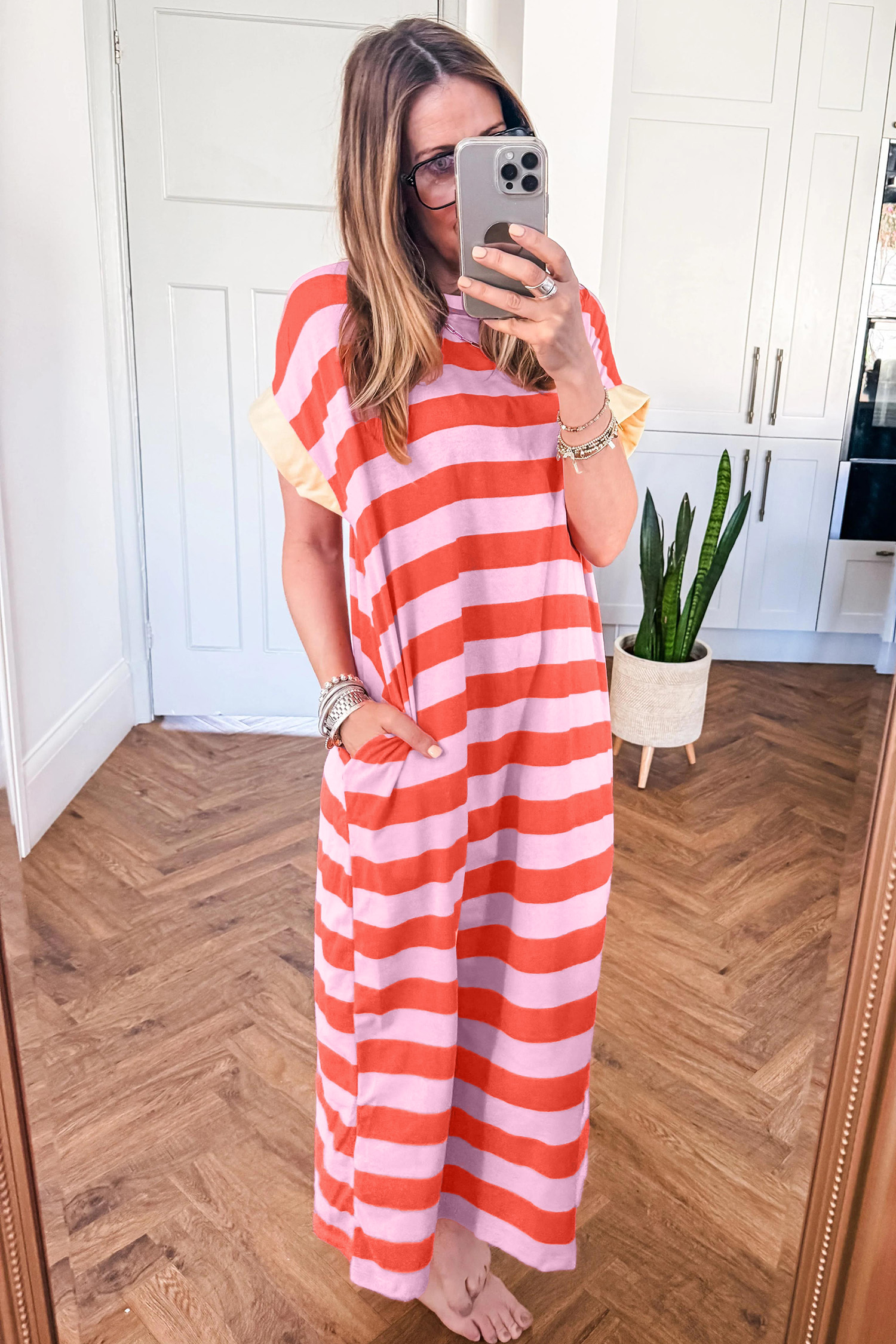 Casual Striped Shift Maxi Dress, Comfortable Summer Pocket Fit - Detail View 6 Casual Striped Shift Maxi Dress, Comfortable Summer Pocket Fit - Detail View 6