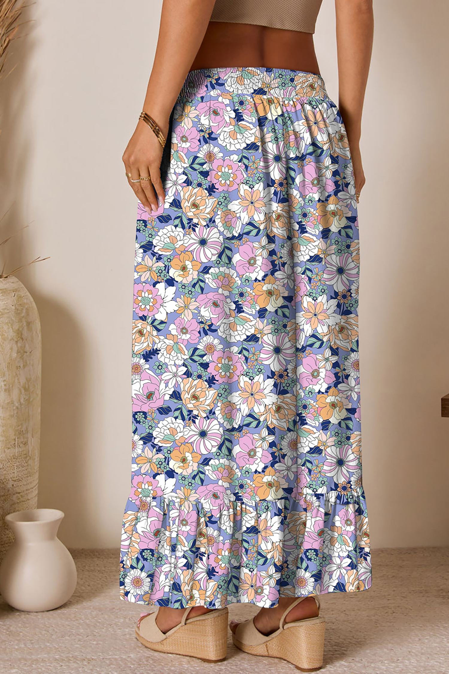 Casual Pink Floral Print Long Skirt – High Waist Shift Silhouette with Ruffle Hem for Daily Wear - Detail View 2 Casual Pink Floral Print Long Skirt – High Waist Shift Silhouette with Ruffle Hem for Daily Wear - Detail View 2