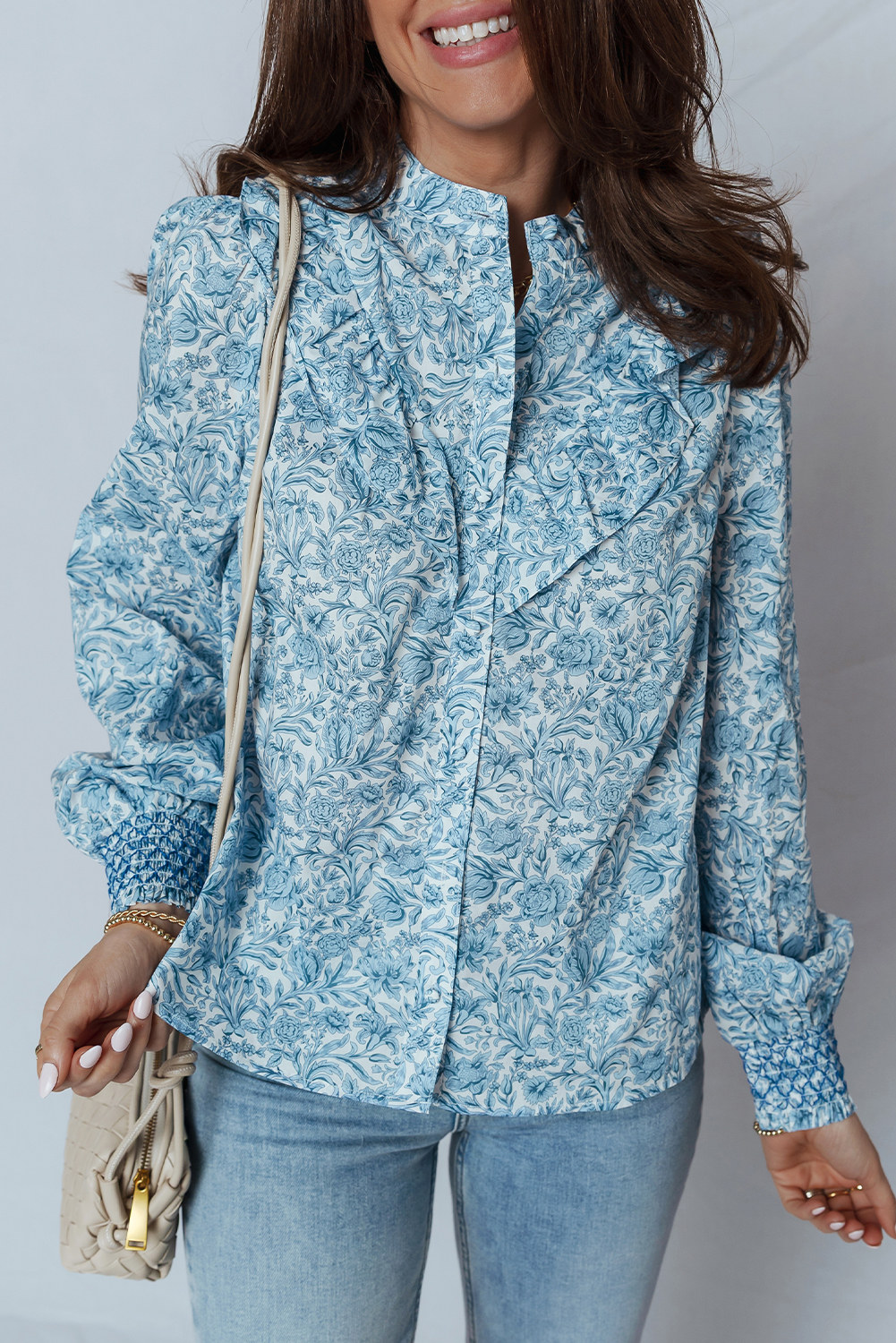 Casual Long Sleeve Floral Shirt with Stand Neck - Perfect for Fall & Autumn - Detail View 6 Casual Long Sleeve Floral Shirt with Stand Neck - Perfect for Fall & Autumn - Detail View 6