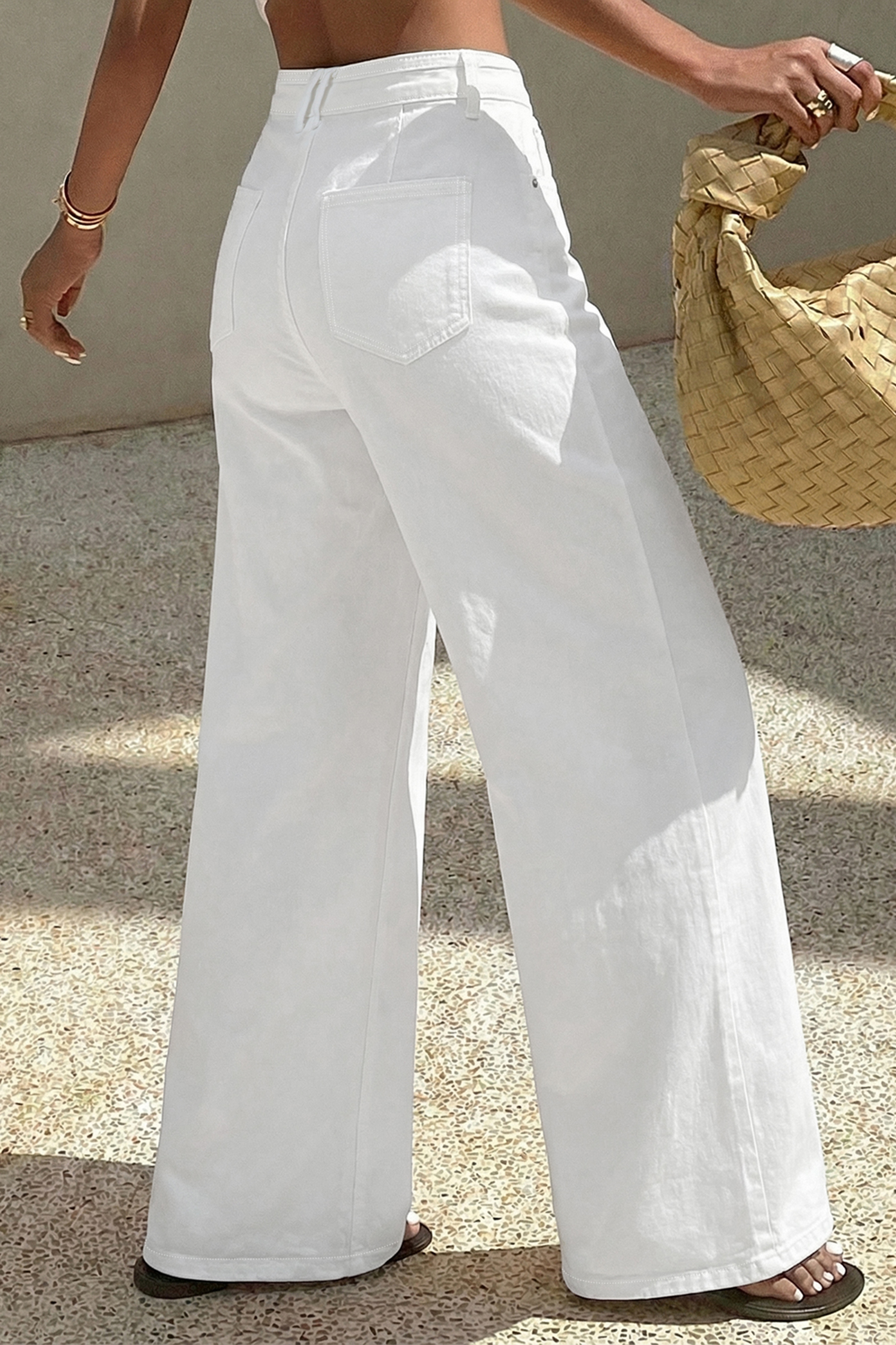 Chic Women's White Wide Leg Denim Jeans – Solid Color Relaxed Fit Pants for Daily Outings - Detail View 3 Chic Women's White Wide Leg Denim Jeans – Solid Color Relaxed Fit Pants for Daily Outings - Detail View 3