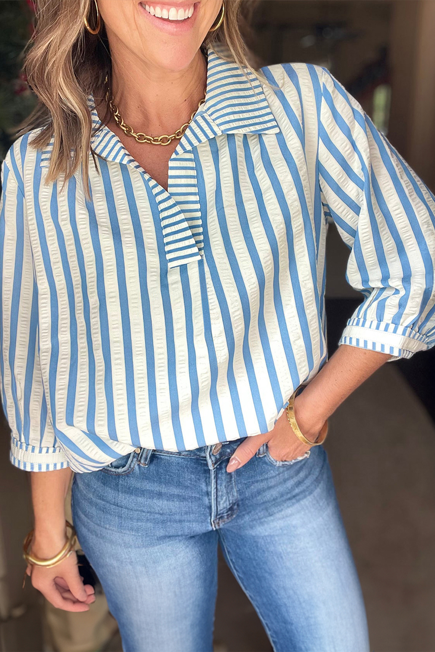 Women's Casual Shift Blouse – Sky Blue Striped Collared Shirt, Thoughtful Gift for Professionals - Detail View 3 Women's Casual Shift Blouse – Sky Blue Striped Collared Shirt, Thoughtful Gift for Professionals - Detail View 3