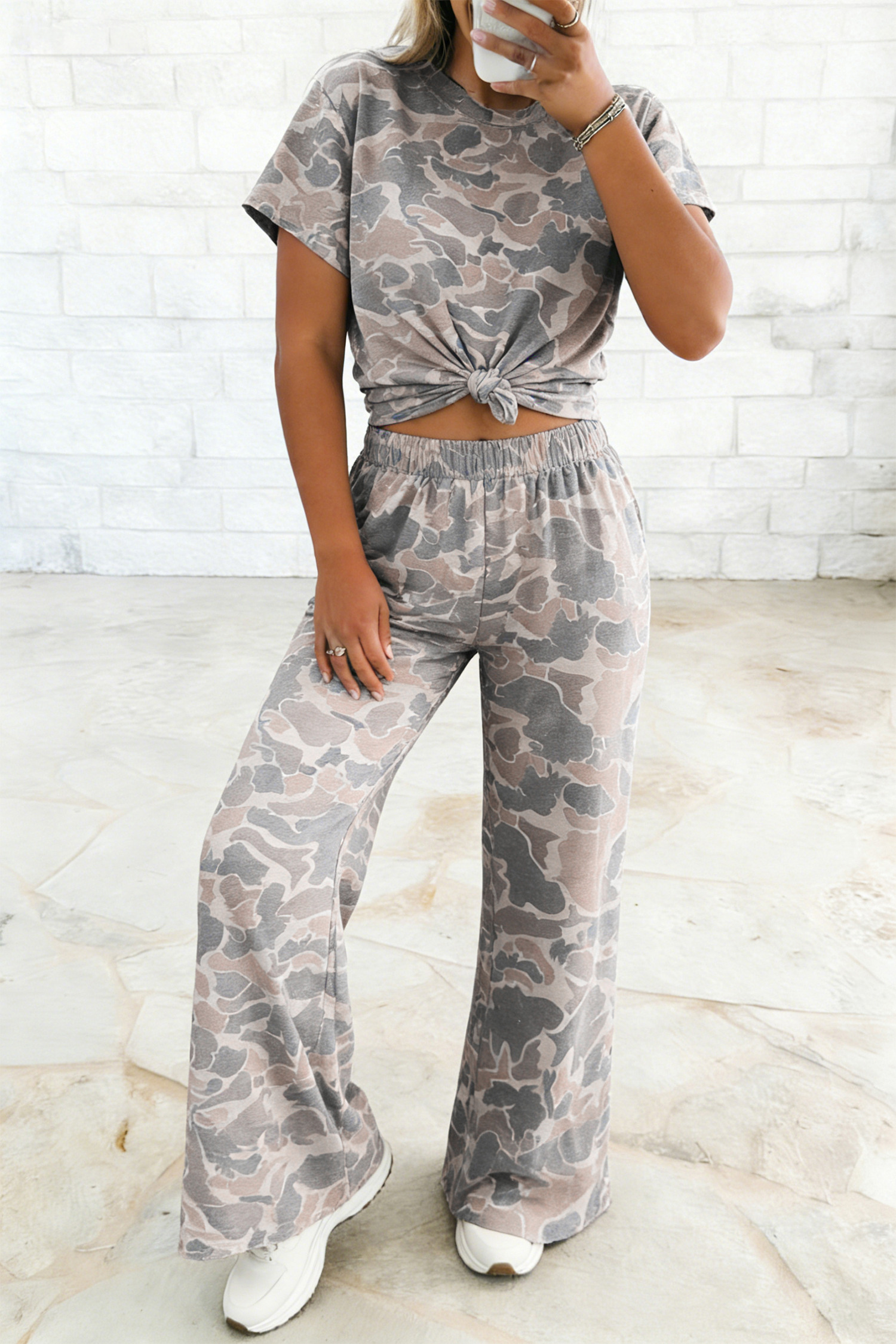 Women's Multicolour Camo Summer Outfit – Short Sleeve Shift Top and High Waist Wide Leg Set - Detail View 2 Women's Multicolour Camo Summer Outfit – Short Sleeve Shift Top and High Waist Wide Leg Set - Detail View 2