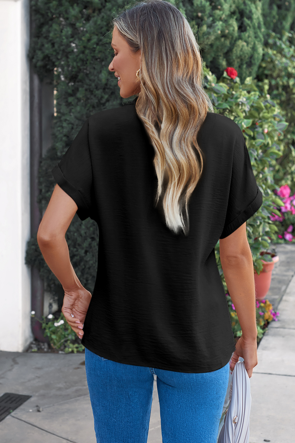 Stylish Short Sleeve V Neck Blouse - Casual and Office Wear in Black - Detail View 2 Stylish Short Sleeve V Neck Blouse - Casual and Office Wear in Black - Detail View 2
