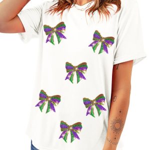 Women's White Sequin Mardi Gras Bow Graphic Crewneck Tee - Main View