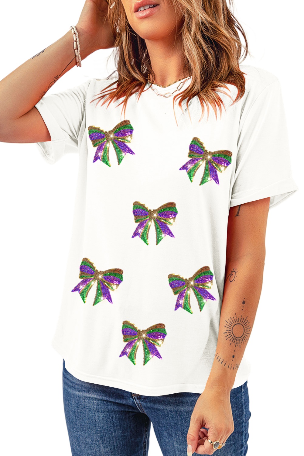 Women's White Sequin Mardi Gras Bow Graphic Crewneck Tee - Main View Women's White Sequin Mardi Gras Bow Graphic Crewneck Tee - Main View