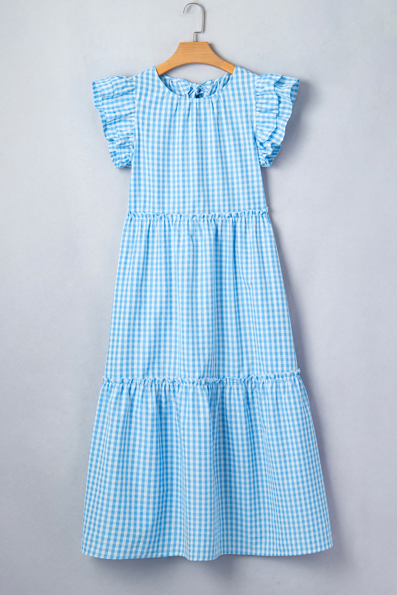 Stylish Women's Sky Blue Ruffled Maxi Dress – Casual Gingham Design for Beach and Everyday Comfort - Detail View 3 Stylish Women's Sky Blue Ruffled Maxi Dress – Casual Gingham Design for Beach and Everyday Comfort - Detail View 3