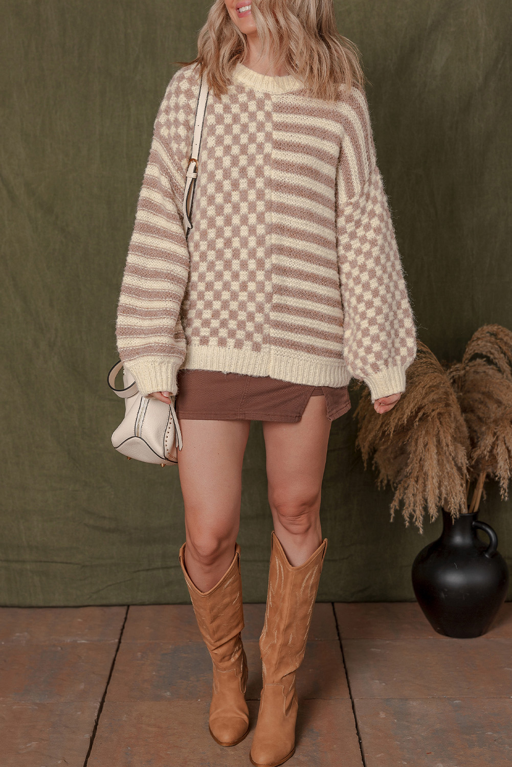 Women's Sweater, Khaki Stripe, Checkerboard, Drop Shoulder, Balloon Sleeve, Casual Style, Long Sleeve, Round Neck, Colorblock Design, Winter Fashion, Daily Wear, Cozy Knitwear, Striped Pattern, Plaid Pattern - Detail View 8 Women's Sweater, Khaki Stripe, Checkerboard, Drop Shoulder, Balloon Sleeve, Casual Style, Long Sleeve, Round Neck, Colorblock Design, Winter Fashion, Daily Wear, Cozy Knitwear, Striped Pattern, Plaid Pattern - Detail View 8