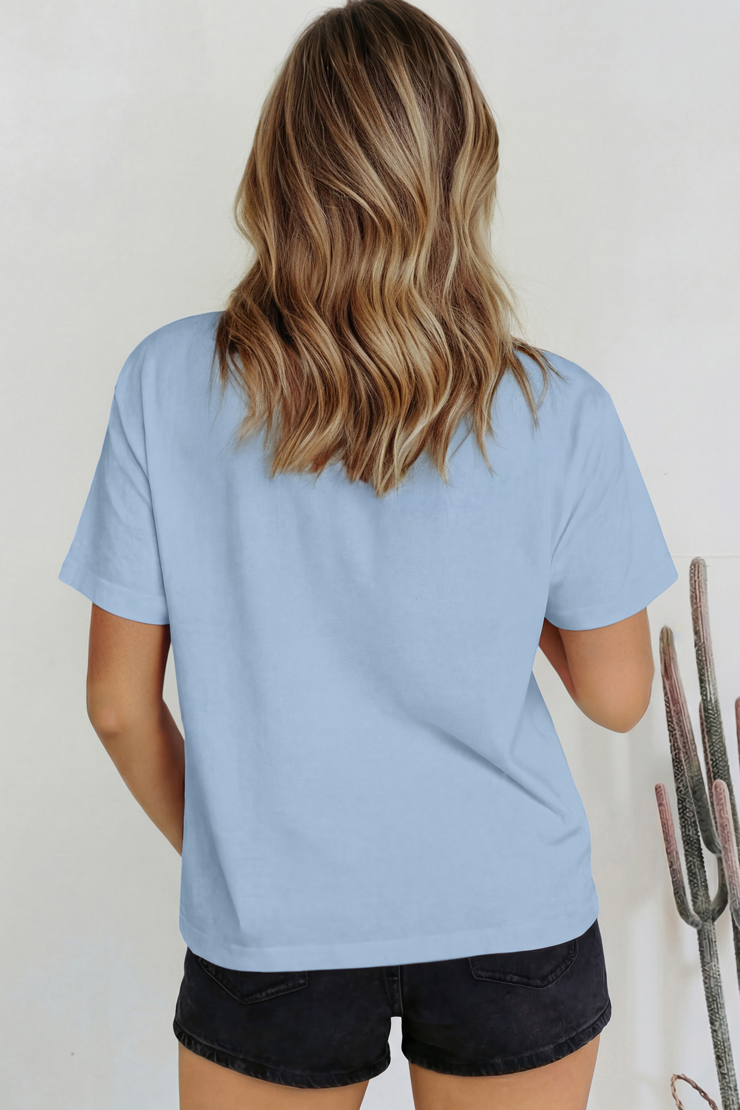 Chic Mock Neck T-Shirt for Women – Solid Beau Blue Short Sleeve Summer Tee, Casual Daily Style - Detail View 2 Chic Mock Neck T-Shirt for Women – Solid Beau Blue Short Sleeve Summer Tee, Casual Daily Style - Detail View 2
