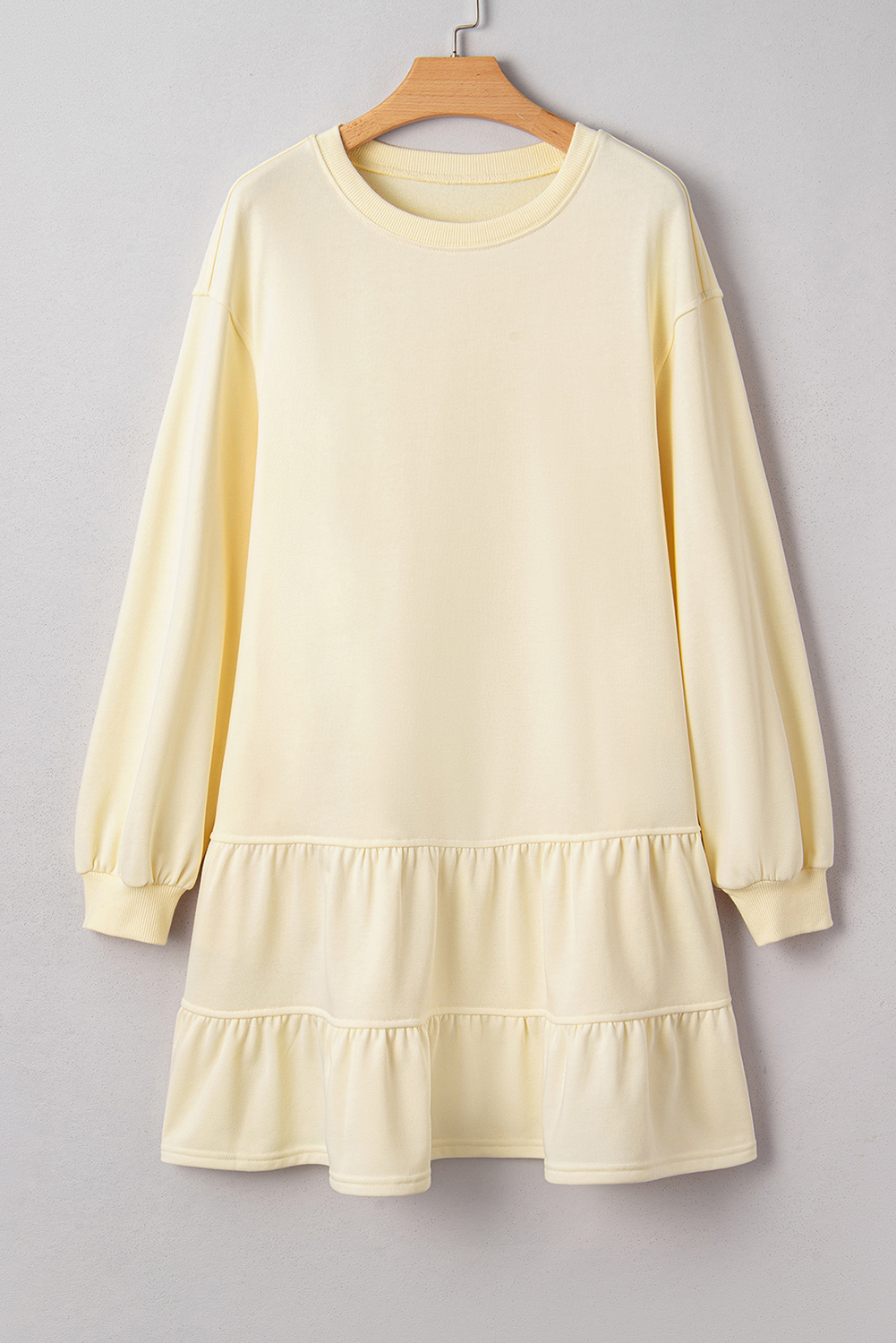 Stylish Beige Long Sleeve Mini Dress with Ruffle Hem - Perfect for Daily Wear - Detail View 6 Stylish Beige Long Sleeve Mini Dress with Ruffle Hem - Perfect for Daily Wear - Detail View 6
