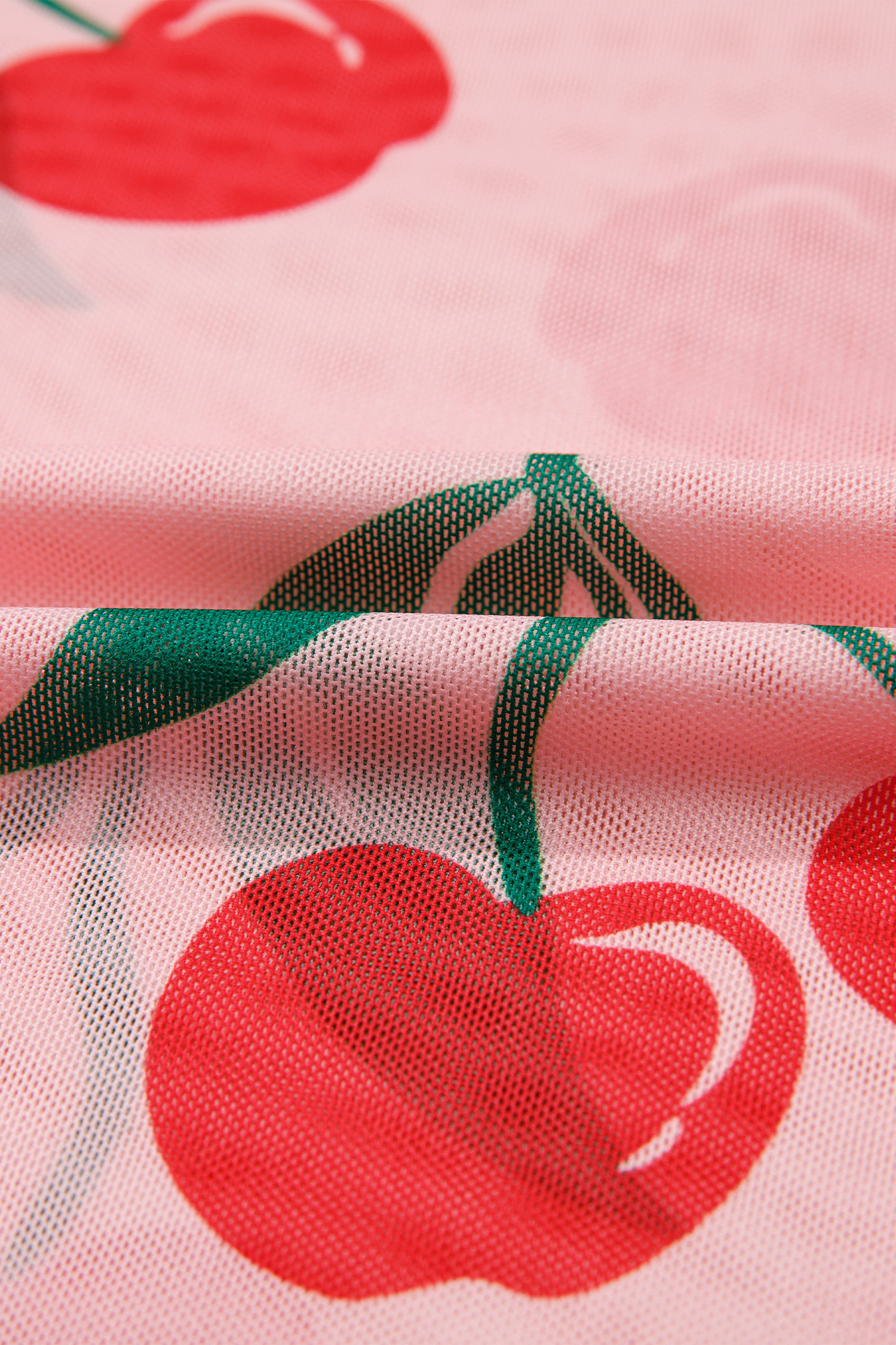 Stylish Pink Cherry Print Lettuce Trim Mesh Top for Women – Perfect for Spring Outings - Detail View 11 Stylish Pink Cherry Print Lettuce Trim Mesh Top for Women – Perfect for Spring Outings - Detail View 11