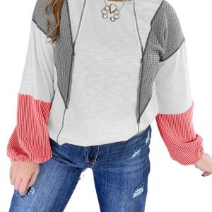 Casual White Contrast Block Knit Top for Women – Stylish Patchwork Design for Daily Wear - Main View