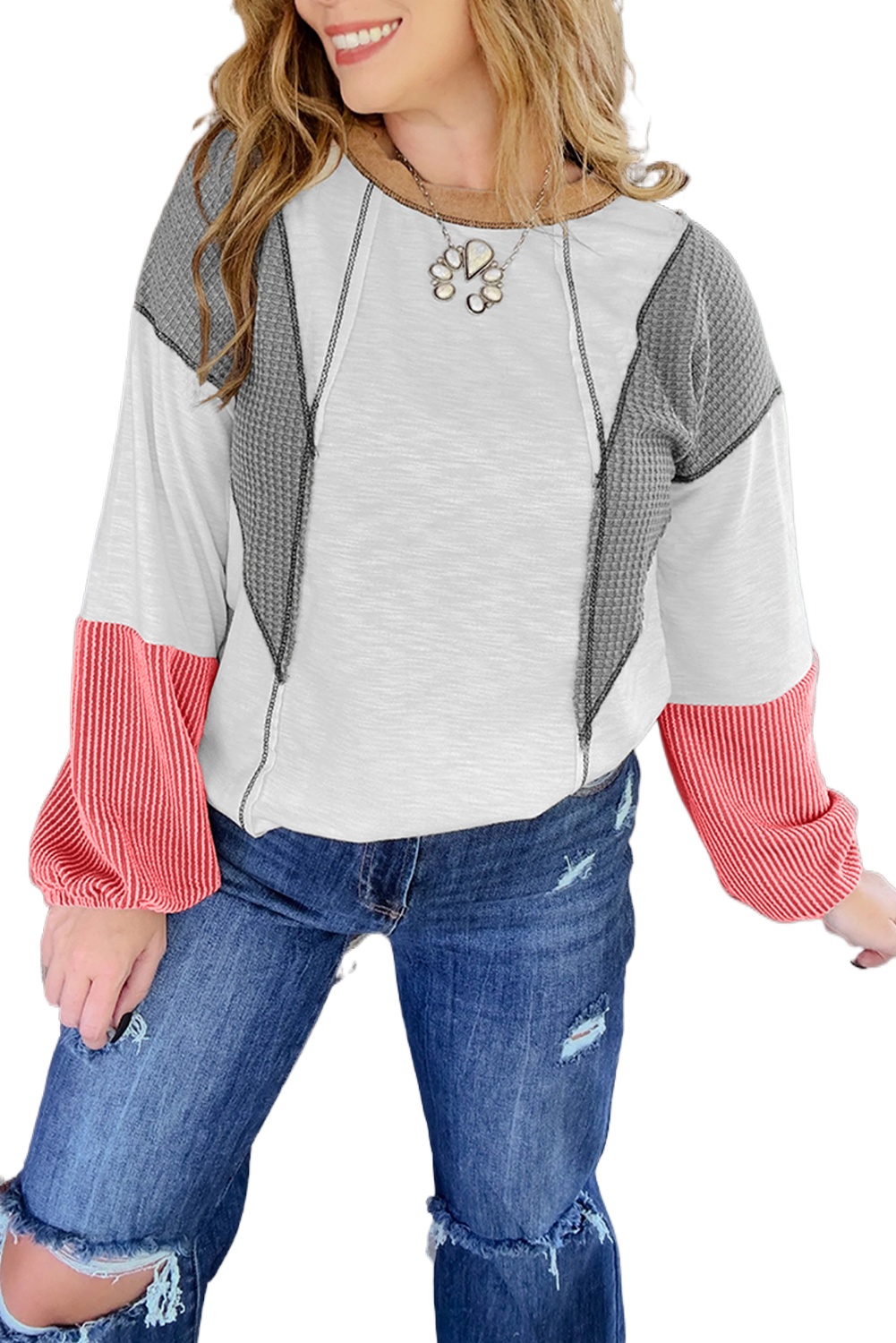 Casual White Contrast Block Knit Top for Women – Stylish Patchwork Design for Daily Wear - Main View Casual White Contrast Block Knit Top for Women – Stylish Patchwork Design for Daily Wear - Main View