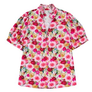 Women's Plus Size Floral Print Top – Casual V Neck Short Puff Sleeve Blouse for Summer Vacation - Main View