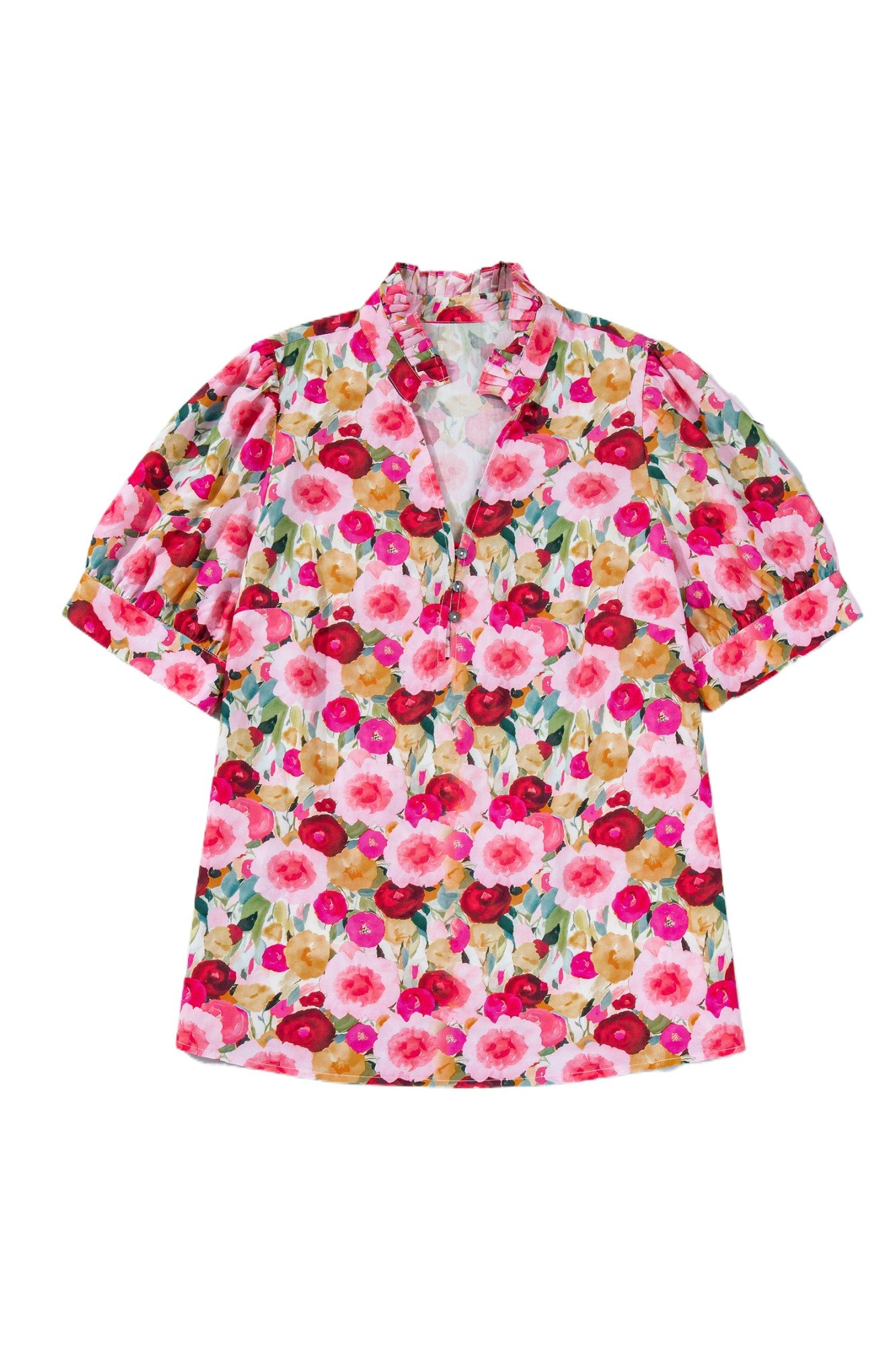 Women's Plus Size Floral Print Top – Casual V Neck Short Puff Sleeve Blouse for Summer Vacation - Main View Women's Plus Size Floral Print Top – Casual V Neck Short Puff Sleeve Blouse for Summer Vacation - Main View