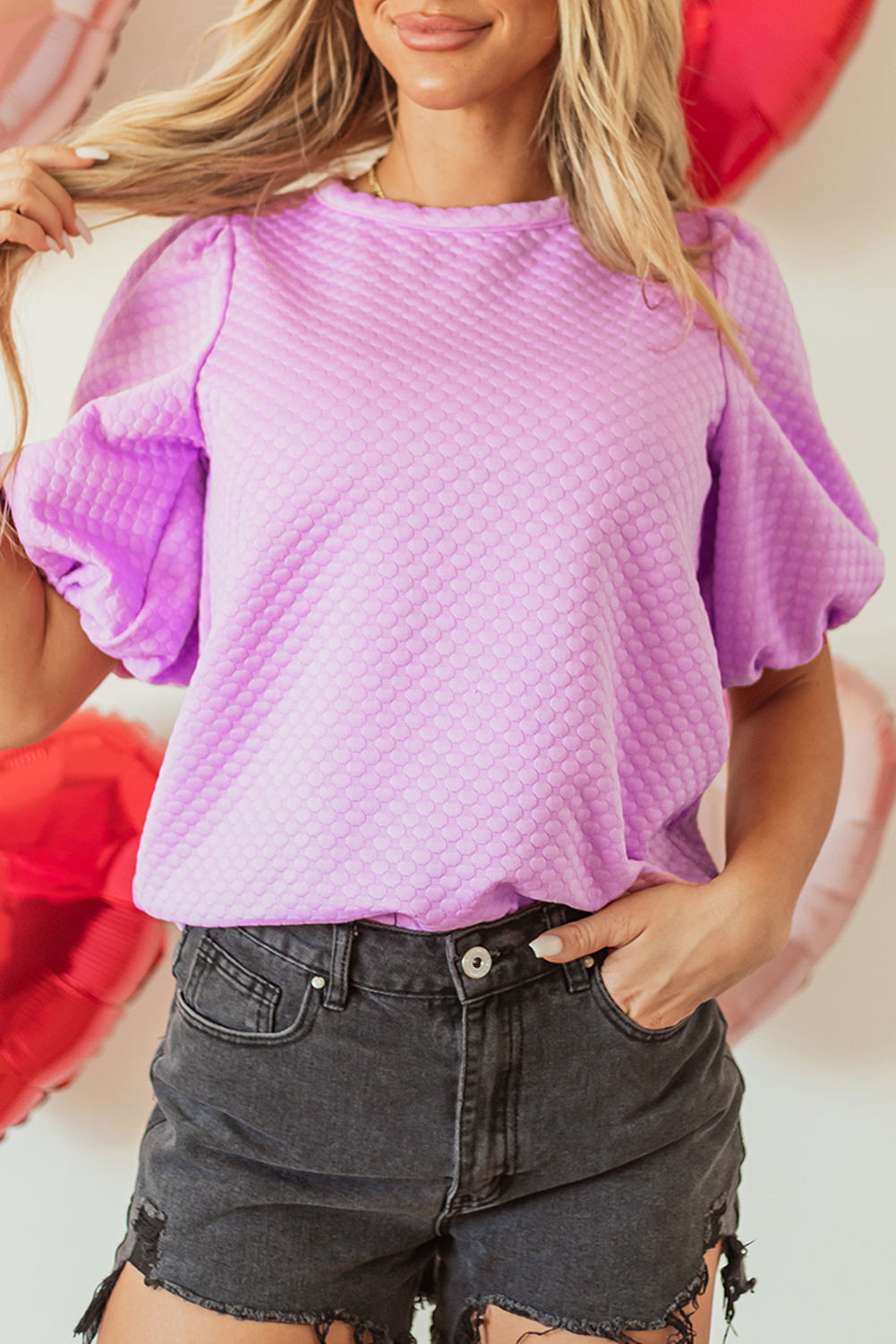 Elegant Round Neck Blouse with Relaxed Fit - Versatile Women's Top in Phalaenopsis Purple - Detail View 7 Elegant Round Neck Blouse with Relaxed Fit - Versatile Women's Top in Phalaenopsis Purple - Detail View 7