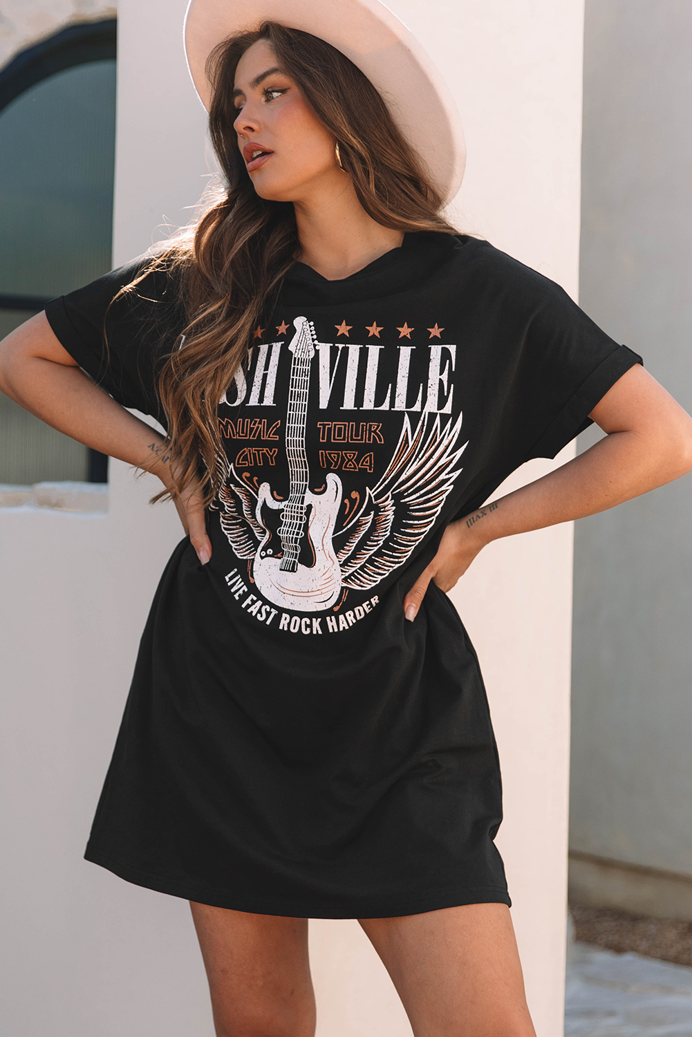 Cotton Nashville Guitar Mini Dress, Women's Short Sleeve - Detail View 9 Cotton Nashville Guitar Mini Dress, Women's Short Sleeve - Detail View 9