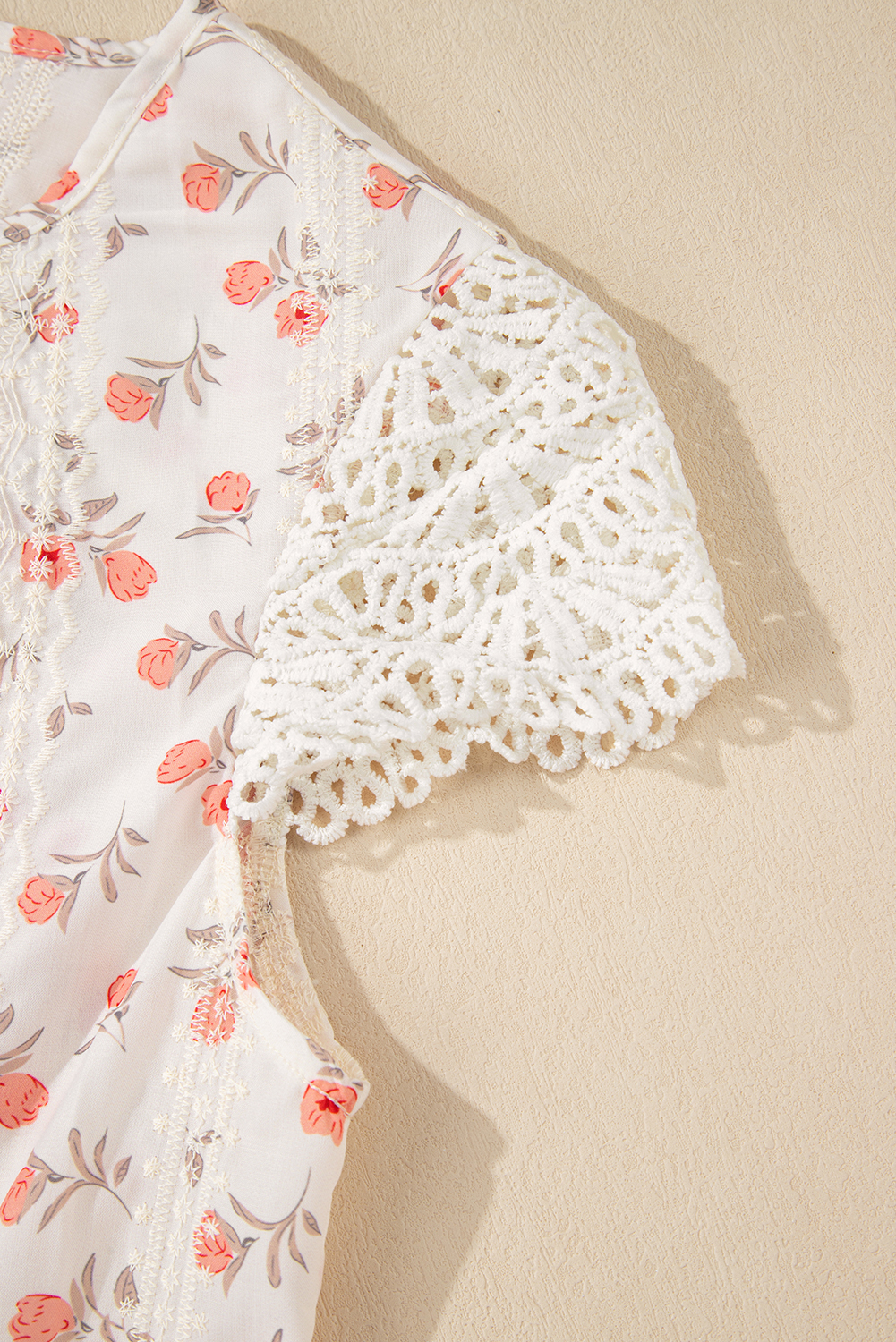Women's Blouse, Pink Floral Print, Crochet Cap Sleeve, Embroidery Detail, Casual, Dressy, Summer Fashion, Boho Chic, Elegant Style, Daily Wear, 100% Polyester, Tops, Floral Pattern, Shift Silhouette - Detail View 12 Women's Blouse, Pink Floral Print, Crochet Cap Sleeve, Embroidery Detail, Casual, Dressy, Summer Fashion, Boho Chic, Elegant Style, Daily Wear, 100% Polyester, Tops, Floral Pattern, Shift Silhouette - Detail View 12