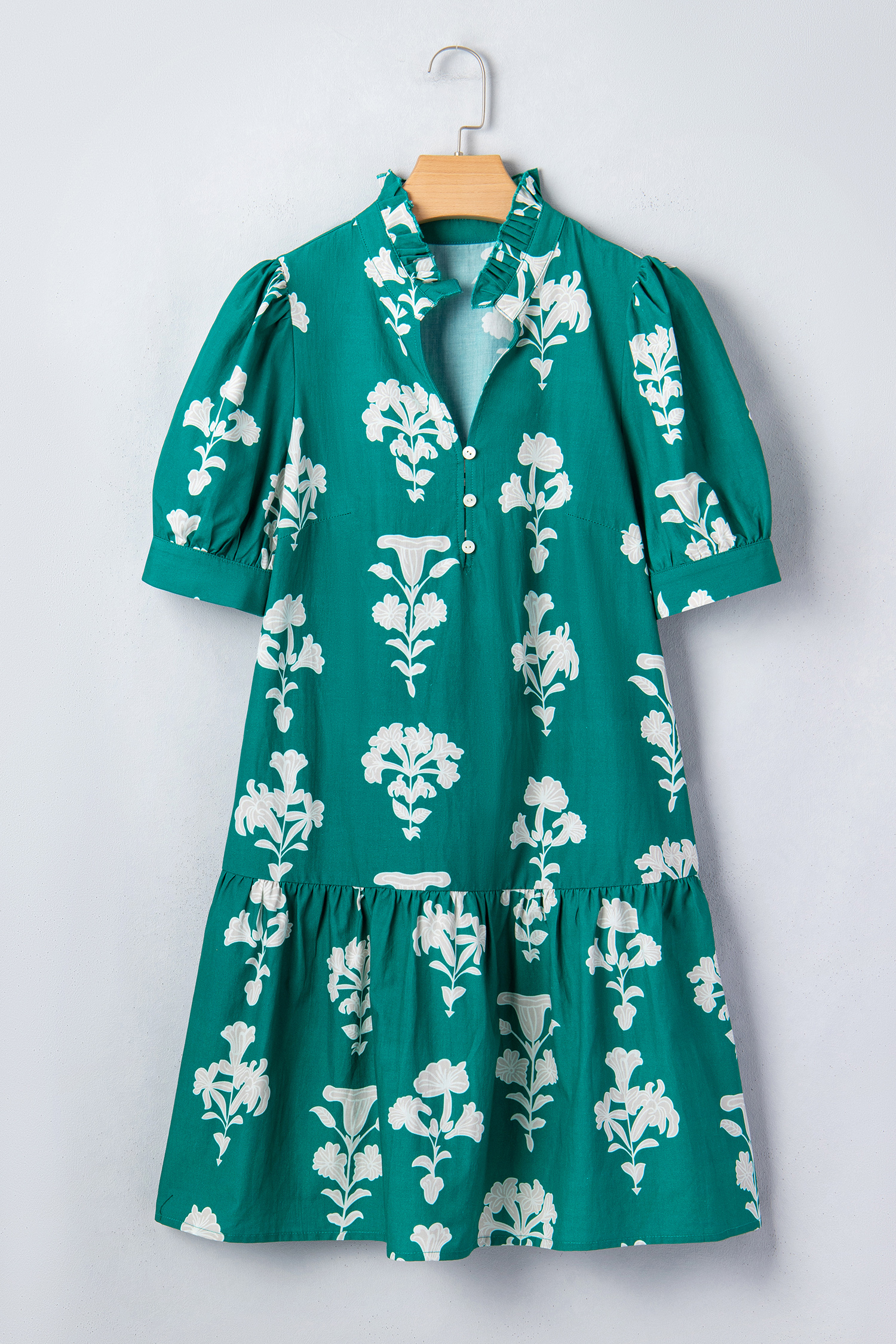 Southern Belle Style Women's Green Floral Mini Dress – Frilled V-Neck, High Waist for Summer Getaways & Adults - Detail View 6 Southern Belle Style Women's Green Floral Mini Dress – Frilled V-Neck, High Waist for Summer Getaways & Adults - Detail View 6