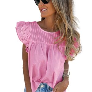 Women's Pink Lace Detail Flutter Sleeve Blouse – Casual Pleated Round Neck Summer Top - Main View