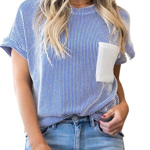 Women's Dark Blue Corded Knit Color Block Crew Neck T-Shirt with Pocket - Main View