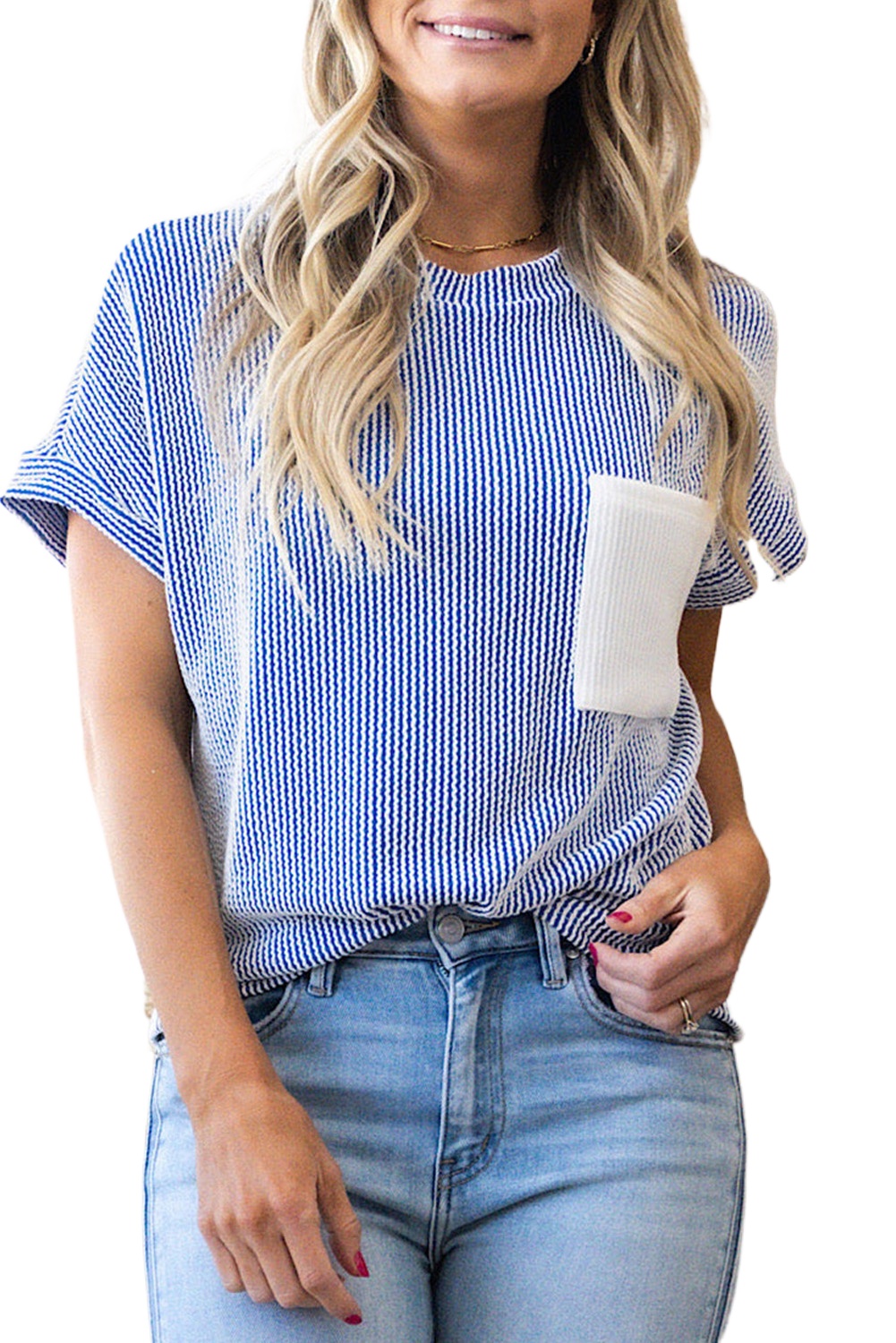 Women's Dark Blue Corded Knit Color Block Crew Neck T-Shirt with Pocket - Main View Women's Dark Blue Corded Knit Color Block Crew Neck T-Shirt with Pocket - Main View
