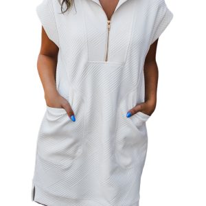 Women's White Textured Half Zip Collared Cap Sleeve Mini Dress with Pockets - Main View