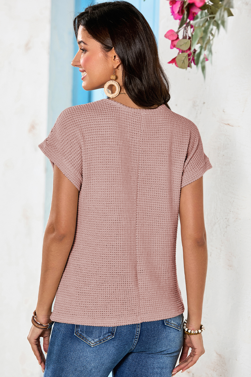 Women's Top, Light Pink, Lace Patchwork, Waffle Texture, Short Sleeve, Casual Style, Breathable Fabric, Comfortable, Summer Wear, Daily Wear, Solid Color, Elegant Design, Tops & Tees - Detail View 4 Women's Top, Light Pink, Lace Patchwork, Waffle Texture, Short Sleeve, Casual Style, Breathable Fabric, Comfortable, Summer Wear, Daily Wear, Solid Color, Elegant Design, Tops & Tees - Detail View 4