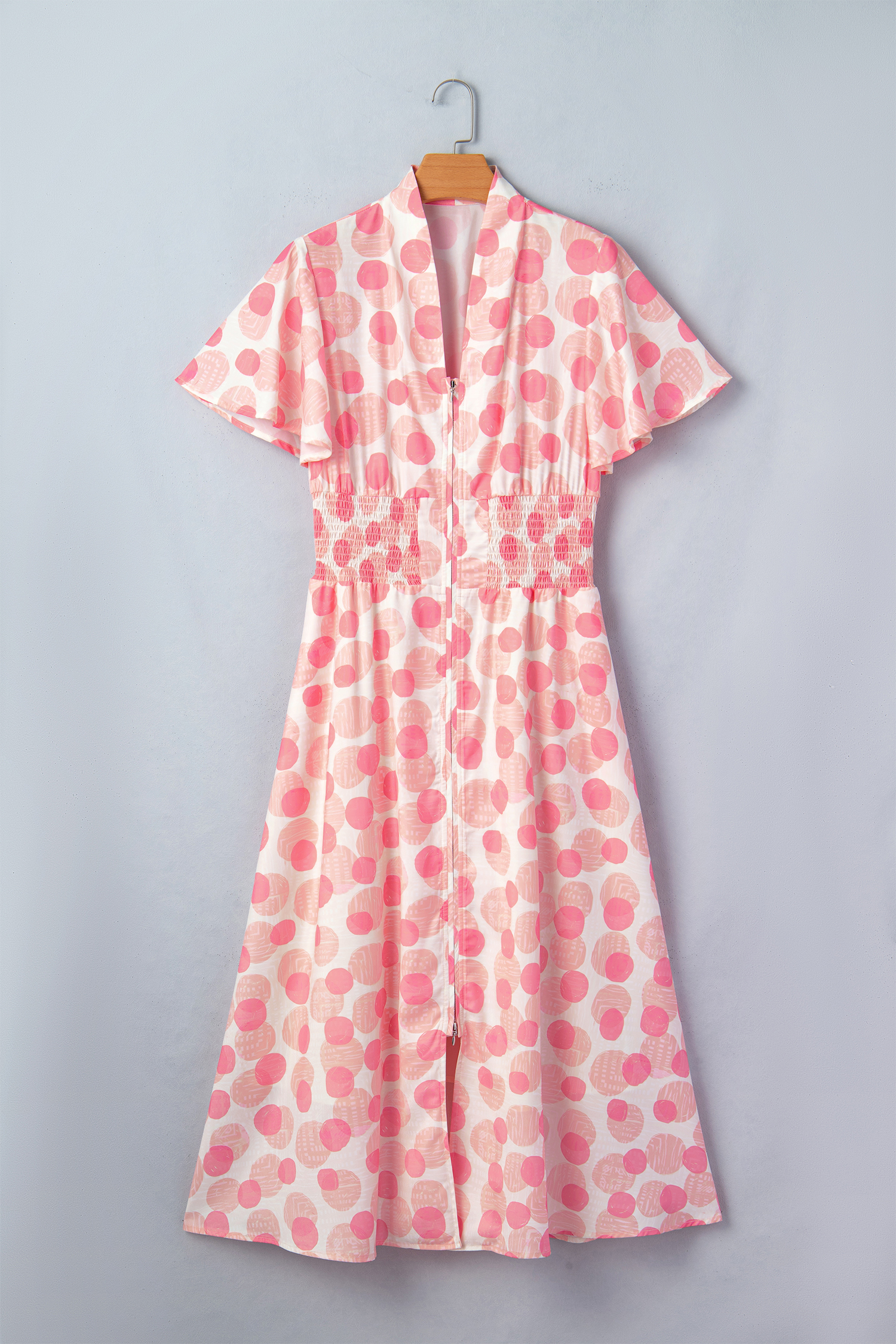 Women's Pink Polka Dot Maxi Dress – Elegant High Waist A-Line Long Dress with Smocked Waist - Detail View 7 Women's Pink Polka Dot Maxi Dress – Elegant High Waist A-Line Long Dress with Smocked Waist - Detail View 7