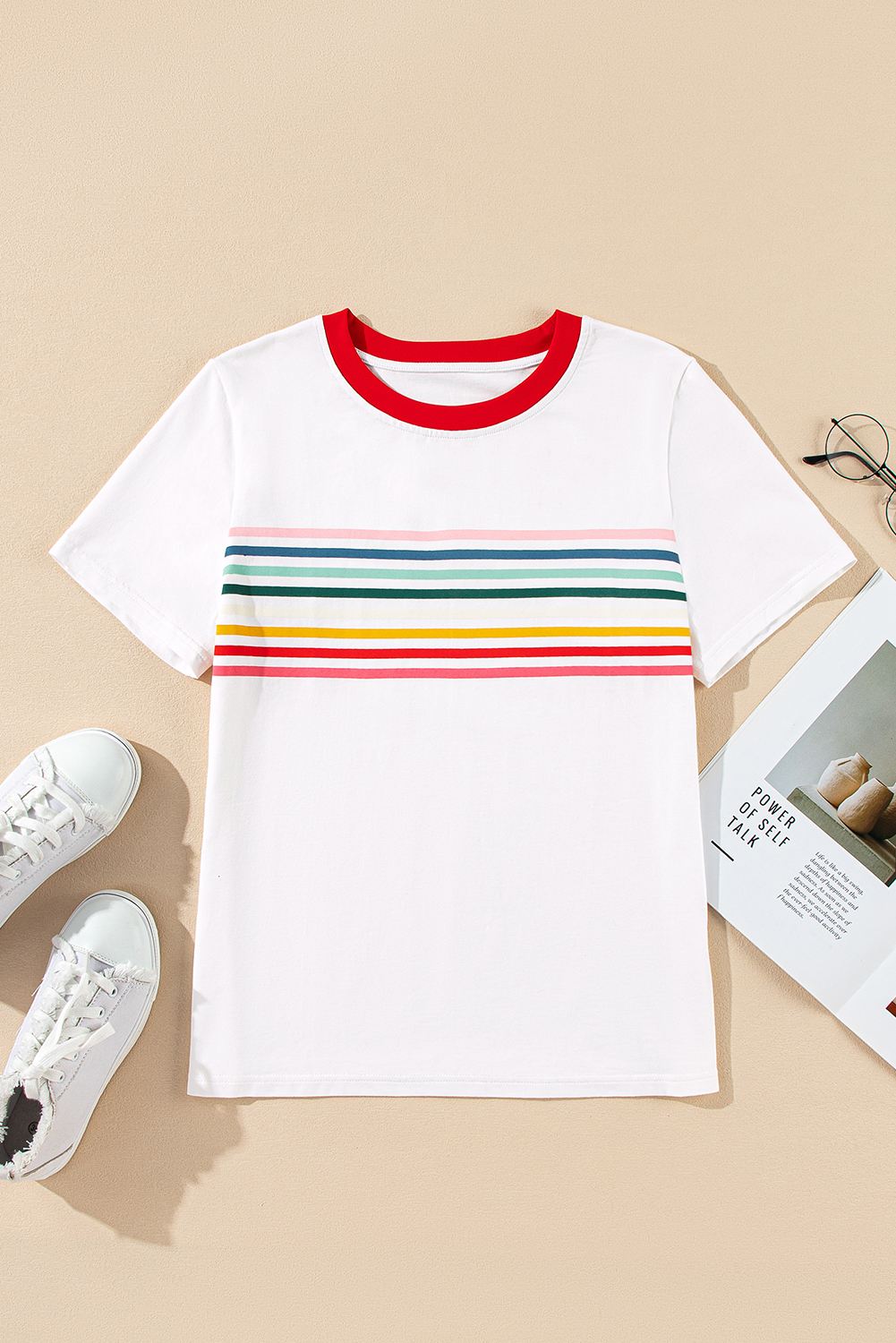 Chic Rainbow Striped Crewneck Tee with Contrast Neckline for Women - Detail View 6 Chic Rainbow Striped Crewneck Tee with Contrast Neckline for Women - Detail View 6