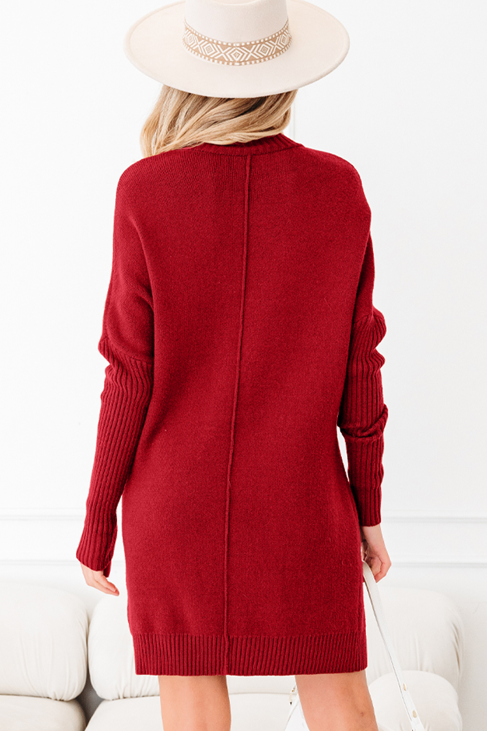 Cozy Fiery Red High Neck Long Sleeve Sweater Dress for Women – Winter Casual Style - Detail View 2 Cozy Fiery Red High Neck Long Sleeve Sweater Dress for Women – Winter Casual Style - Detail View 2