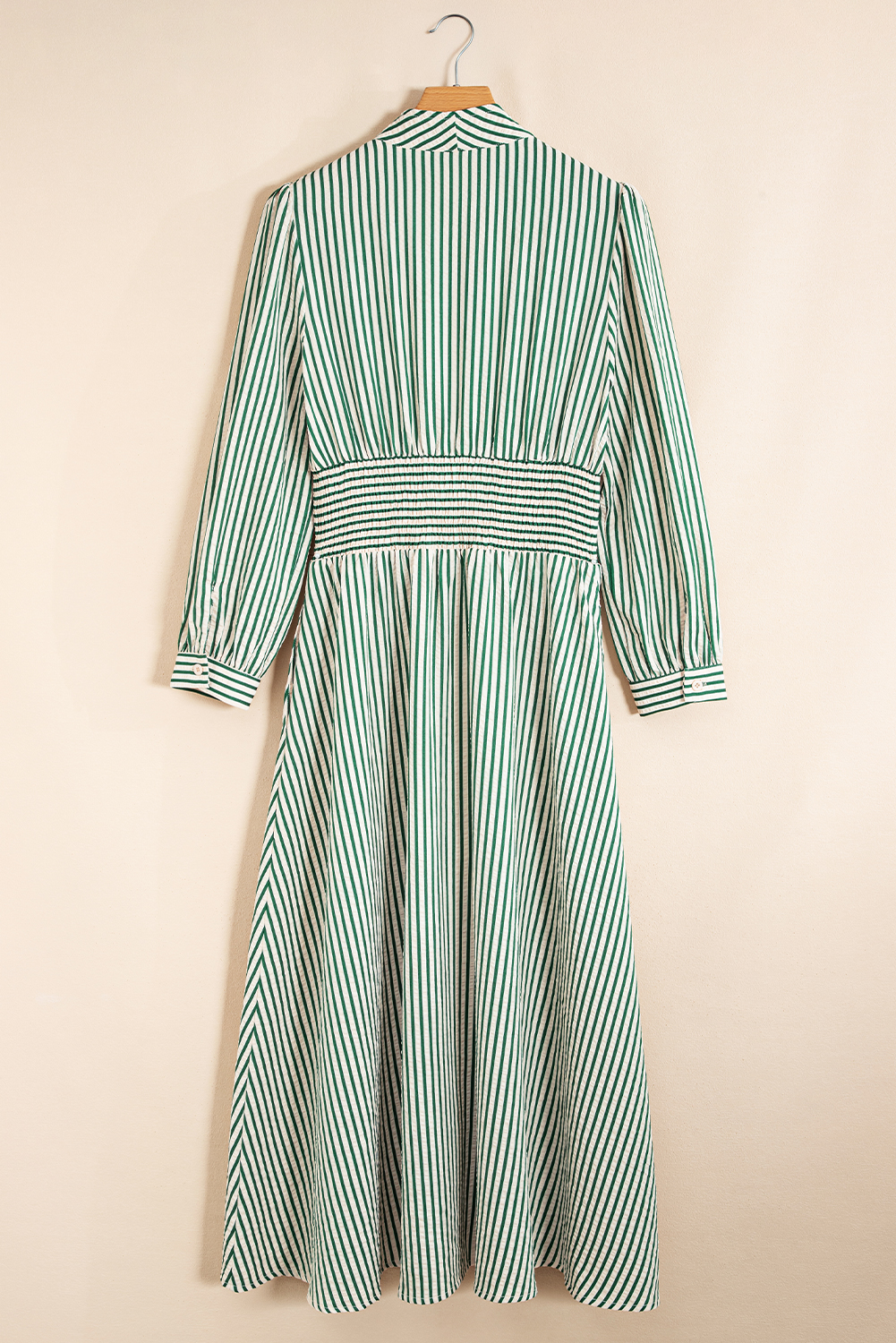 Chic Green Stripe V Neck Zip Front Cinched High Waist Midi Dress for Women - Detail View 9 Chic Green Stripe V Neck Zip Front Cinched High Waist Midi Dress for Women - Detail View 9