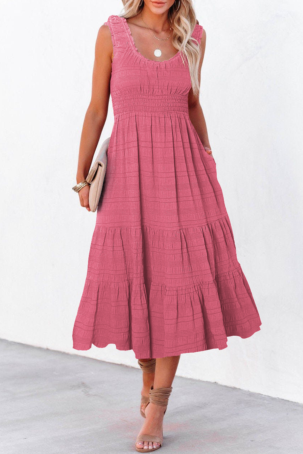 Women's Rose Smocked Midi Dress – Elegant Shirred Sleeveless Summer Dress with Pockets, High Waist Casual Sun Dress - Detail View 7 Women's Rose Smocked Midi Dress – Elegant Shirred Sleeveless Summer Dress with Pockets, High Waist Casual Sun Dress - Detail View 7