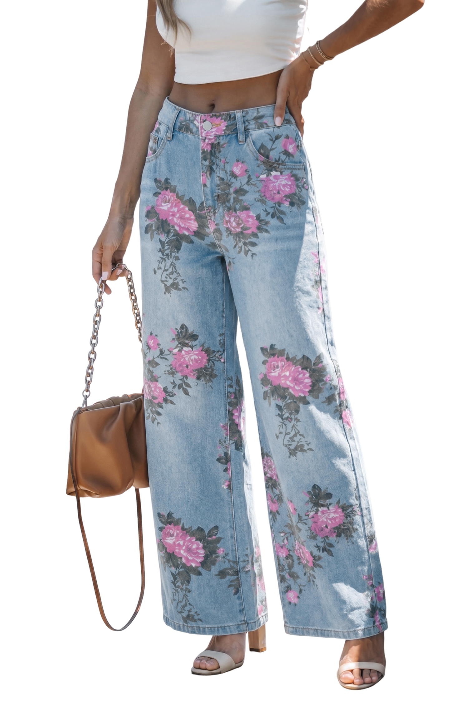 Sky Blue Floral Print Bootcut Jeans for Women – Casual All-Season Denim with Natural Waist - Detail View 19 Sky Blue Floral Print Bootcut Jeans for Women – Casual All-Season Denim with Natural Waist - Detail View 19