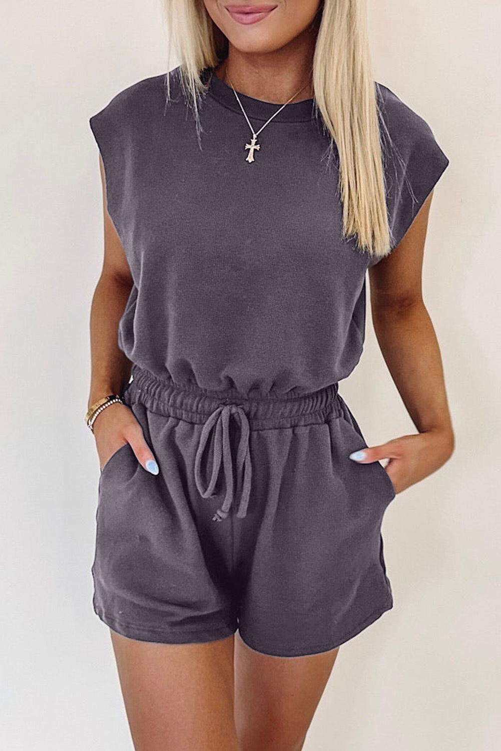 Women's Romper, Bristol Black, Knit, Open Back, Cap Sleeves, Drawstring Waist, Casual Style, Daily Wear, Comfortable Fit, Summer Fashion, Solid Color, Shift Silhouette, High Waist, Versatile Outfit, Jumpsuits & Rompers - Detail View 12 Women's Romper, Bristol Black, Knit, Open Back, Cap Sleeves, Drawstring Waist, Casual Style, Daily Wear, Comfortable Fit, Summer Fashion, Solid Color, Shift Silhouette, High Waist, Versatile Outfit, Jumpsuits & Rompers - Detail View 12