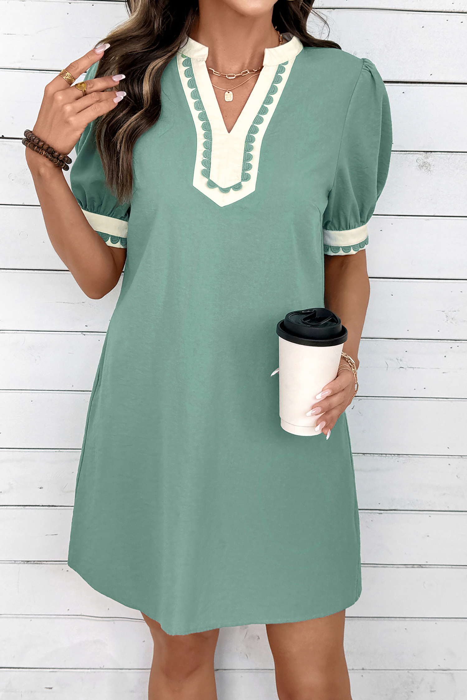 Chic Color Block Mini Dress for Women – Short Sleeve H-Line Shift Dress with Pockets, Summer Fashion Gift - Detail View 12 Chic Color Block Mini Dress for Women – Short Sleeve H-Line Shift Dress with Pockets, Summer Fashion Gift - Detail View 12