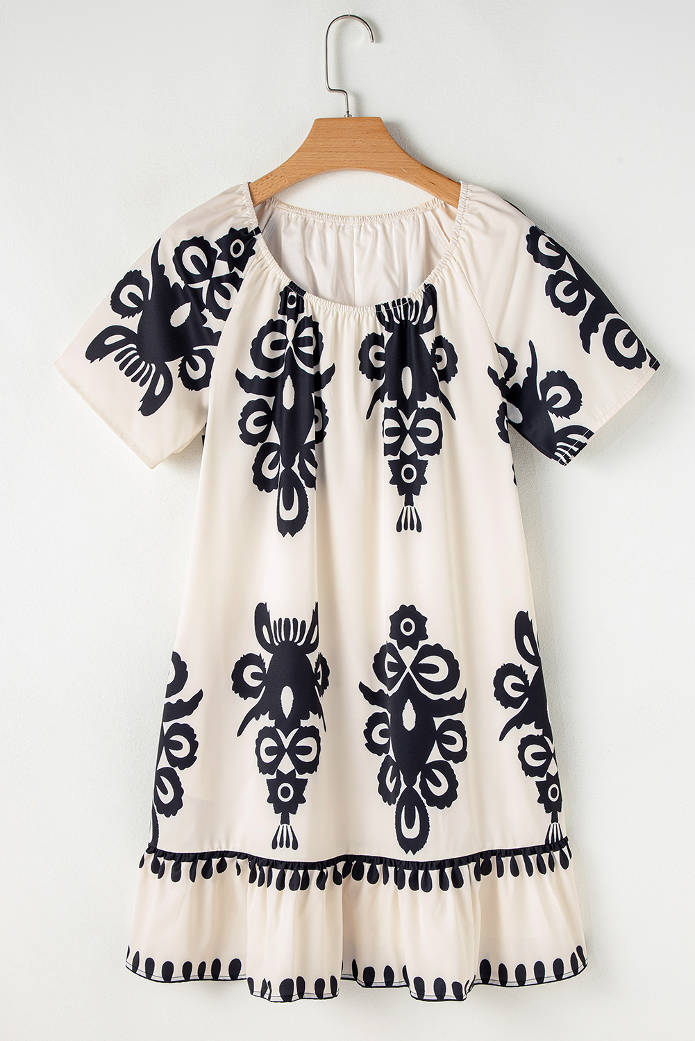 Women's Dress, Apricot Color, Western Print, Ruffled Short Sleeves, Shift Dress, Casual Dress, Lightweight, Elegant, Vacation Wear, Daily Outfit, Unique Ethnic Pattern, Comfortable, H-Line Silhouette, Geometric Print, Short Length Dress - Detail View 8 Women's Dress, Apricot Color, Western Print, Ruffled Short Sleeves, Shift Dress, Casual Dress, Lightweight, Elegant, Vacation Wear, Daily Outfit, Unique Ethnic Pattern, Comfortable, H-Line Silhouette, Geometric Print, Short Length Dress - Detail View 8