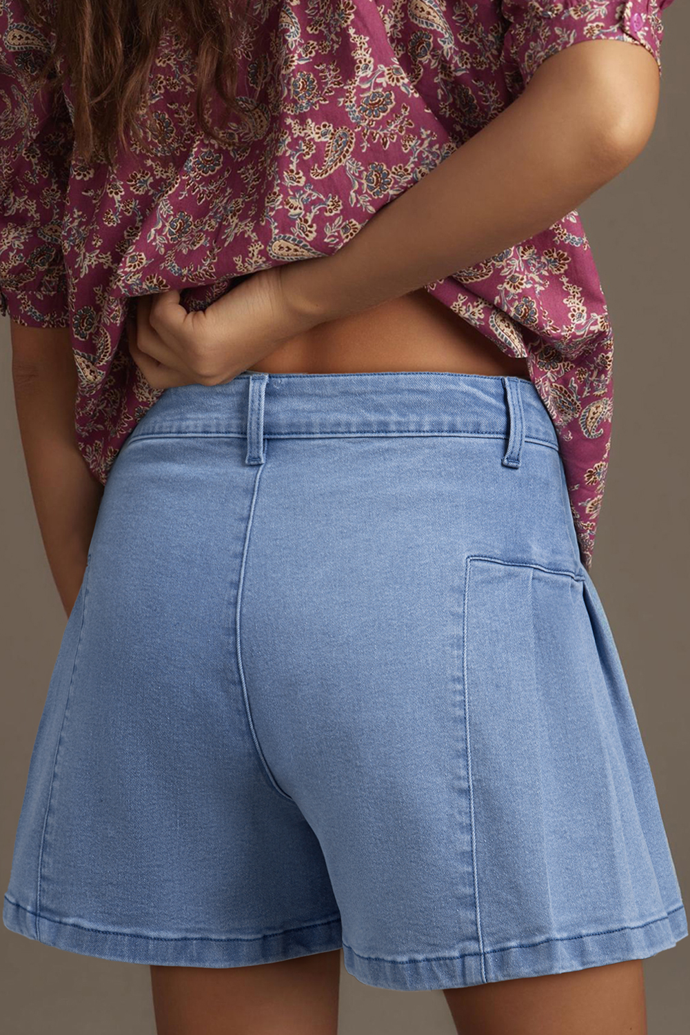 Chic High Waist Dusk Blue Denim Shorts with Pleated Detail - Perfect for Summer - Detail View 2 Chic High Waist Dusk Blue Denim Shorts with Pleated Detail - Perfect for Summer - Detail View 2