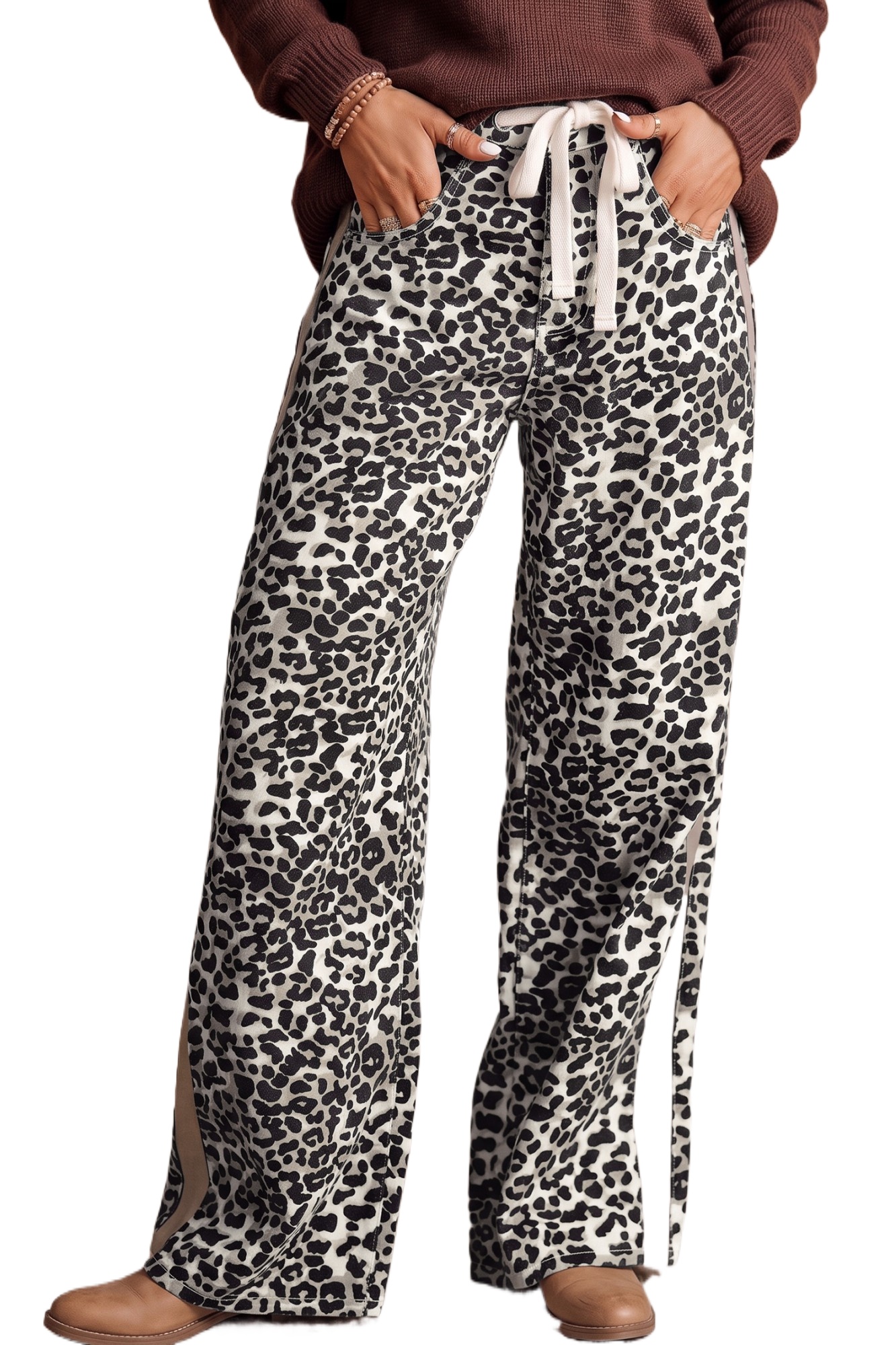 Women's Leopard Print Jeans, High Waisted Wide Leg Denim - Main View Women's Leopard Print Jeans, High Waisted Wide Leg Denim - Main View