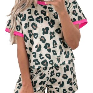 Women's Brown Leopard Print Contrast Trim 2-Piece Loose Short Set for Casual Summer Days - Main View