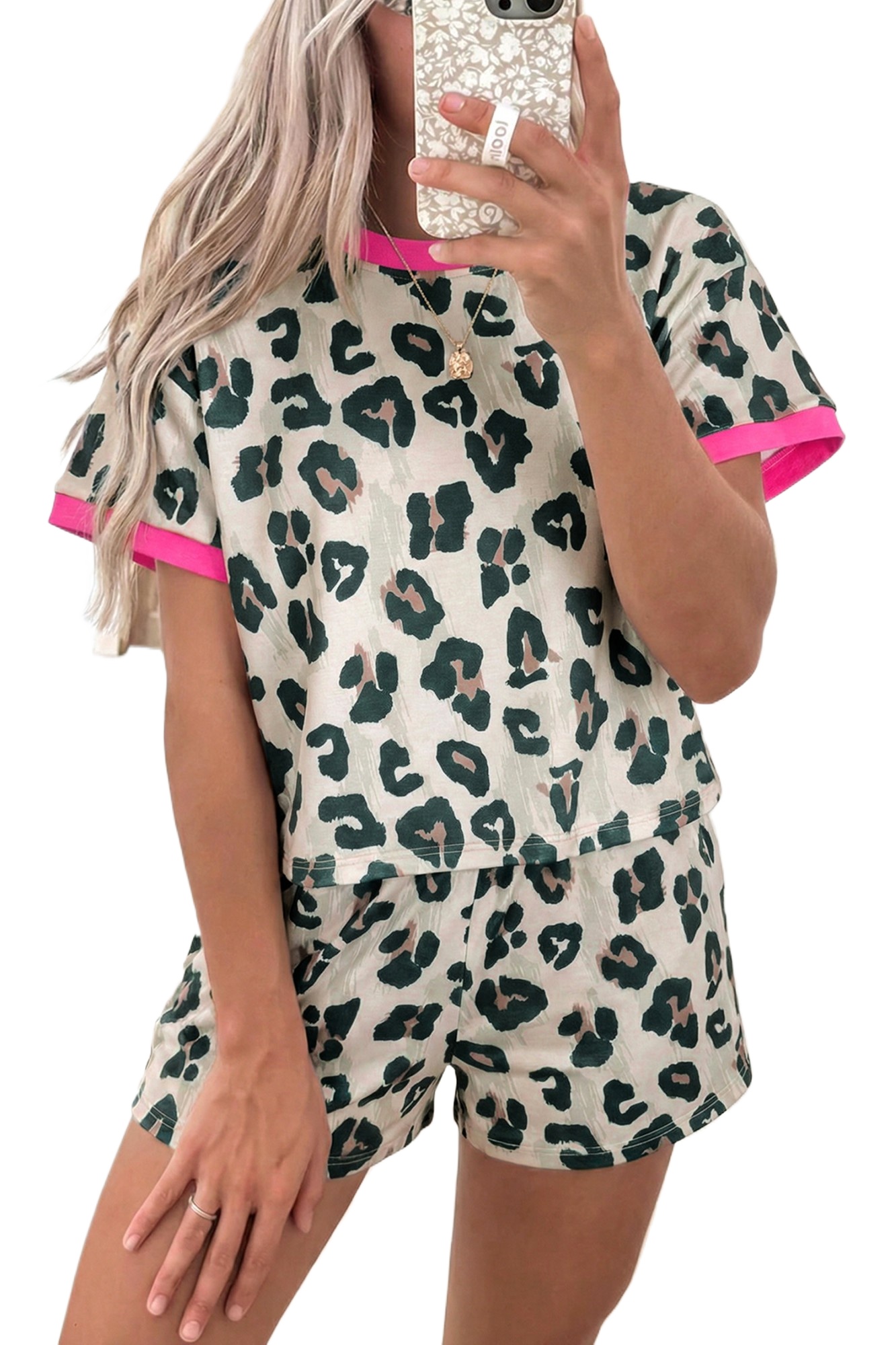 Women's Brown Leopard Print Contrast Trim 2-Piece Loose Short Set for Casual Summer Days - Main View Women's Brown Leopard Print Contrast Trim 2-Piece Loose Short Set for Casual Summer Days - Main View