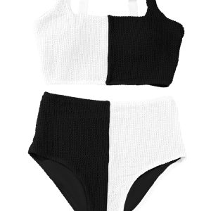 Women's Black Colorblock Square Neck Bikini Swimsuit – Vintage Style for Summer Beach Days - Main View