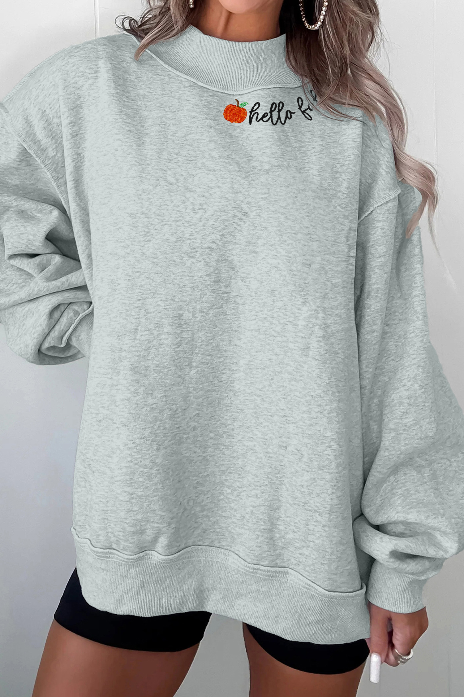 Casual Long Sleeve Fall Pullover, Women's Embroidered Pumpkin - Detail View 3 Casual Long Sleeve Fall Pullover, Women's Embroidered Pumpkin - Detail View 3