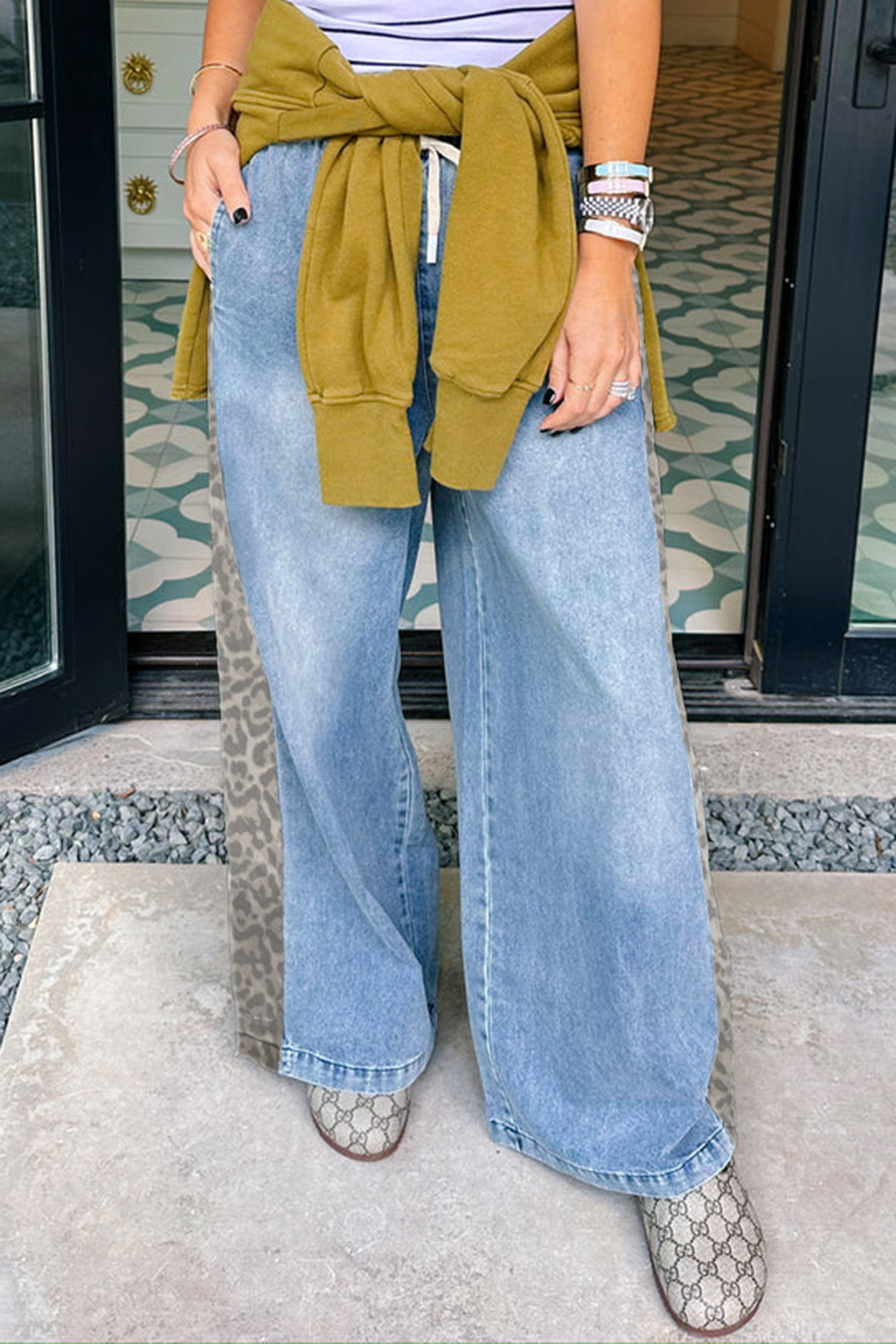 Trendy Women's Beau Blue Wide Leg Jeans with Colorblock Leopard Stripes – Perfect for Casual Days - Detail View 3 Trendy Women's Beau Blue Wide Leg Jeans with Colorblock Leopard Stripes – Perfect for Casual Days - Detail View 3