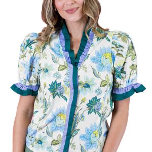 Women's Beige Floral Print Blouse with Frilled Striped Trim – Ideal for Summer Outings - Main View