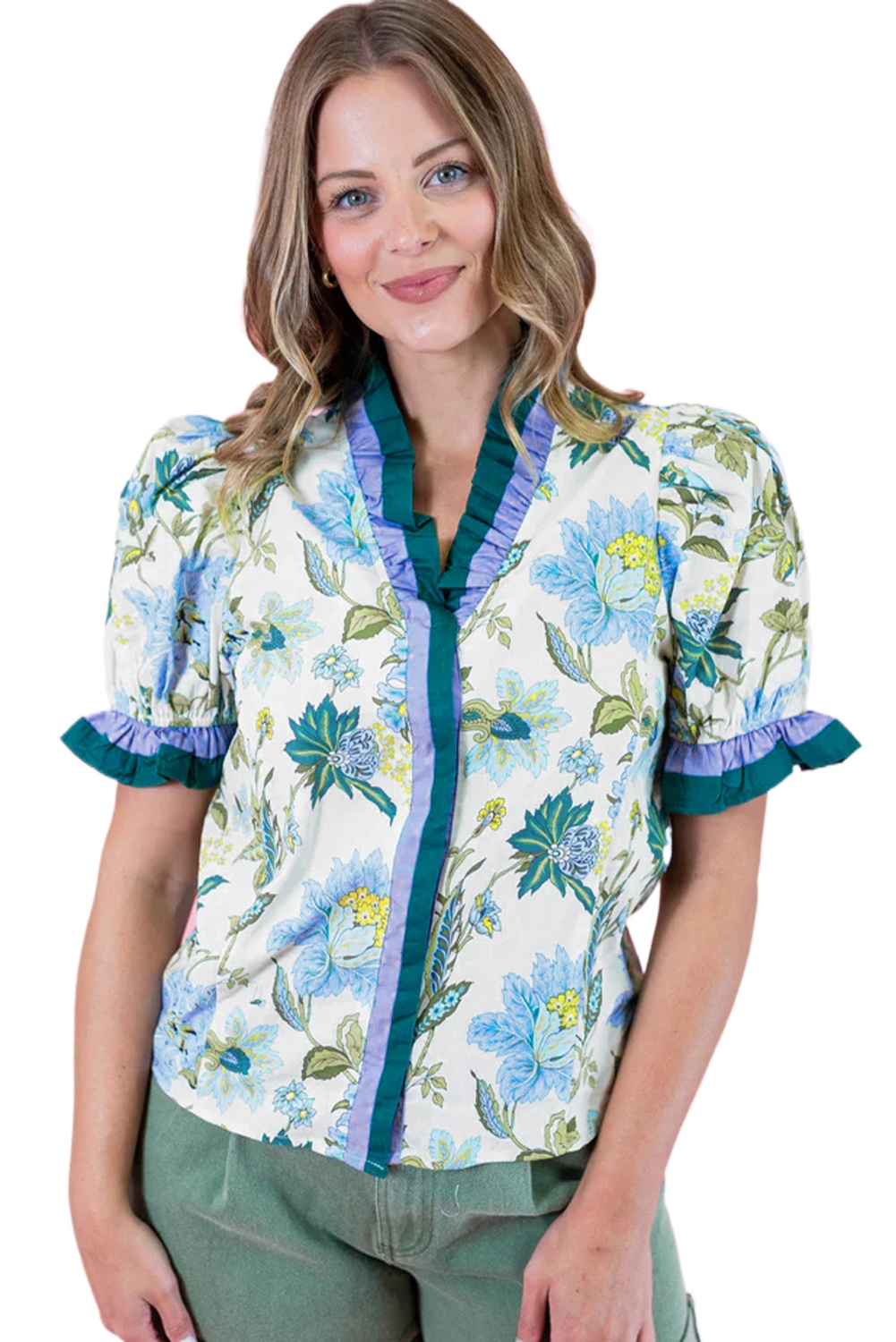 Women's Beige Floral Print Blouse with Frilled Striped Trim – Ideal for Summer Outings - Main View Women's Beige Floral Print Blouse with Frilled Striped Trim – Ideal for Summer Outings - Main View