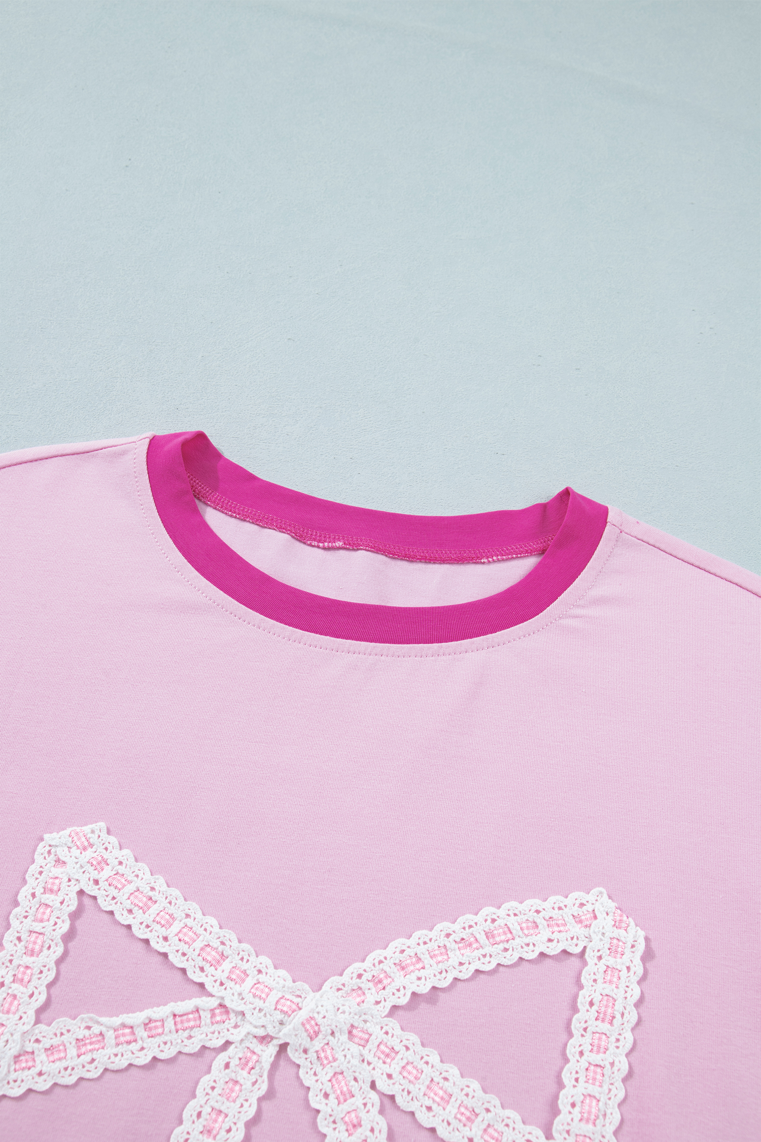 Gossamer Pink Color Block Tee for Women – Embroidered Bow Detail, Casual Round Neck Top - Detail View 10 Gossamer Pink Color Block Tee for Women – Embroidered Bow Detail, Casual Round Neck Top - Detail View 10