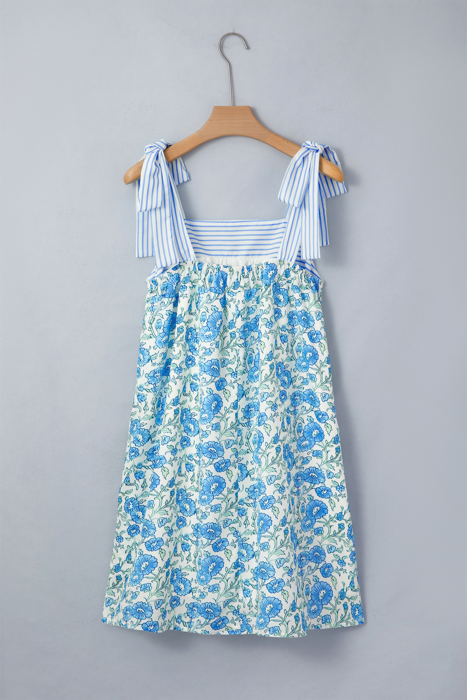 Women's Sky Blue Floral Print Mini Dress – Casual Summer Style with Bow Knot Straps - Detail View 7 Women's Sky Blue Floral Print Mini Dress – Casual Summer Style with Bow Knot Straps - Detail View 7