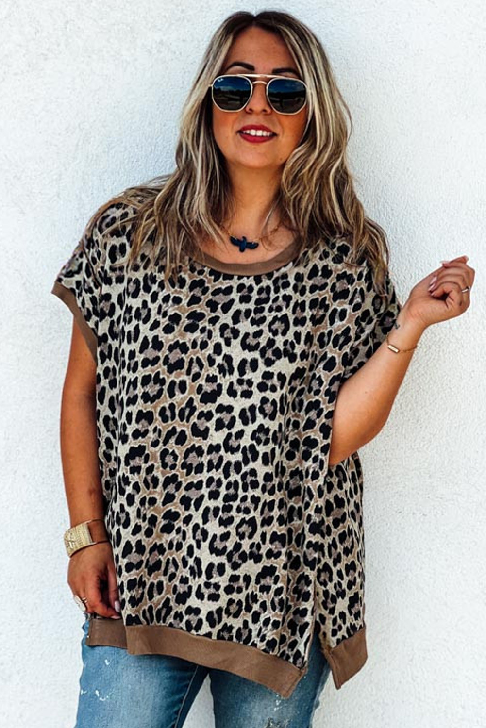 Trendy Loose Fit Leopard Contrast Trim Short Sleeve Blouse - Plus Size - Detail View 3 Trendy Loose Fit Leopard Contrast Trim Short Sleeve Blouse - Plus Size - Detail View 3