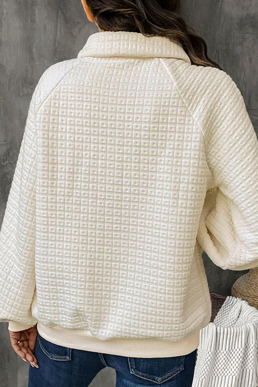 Cozy Beige Pineapple Textured Sweatshirt for Women – Button-Detail Collared Style Ideal for Fall Layering - Detail View 5 Cozy Beige Pineapple Textured Sweatshirt for Women – Button-Detail Collared Style Ideal for Fall Layering - Detail View 5
