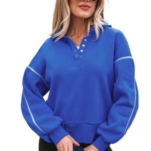 Women's Sky Blue Collared Sweatshirt – Casual Daily Button-Up Style - Main View